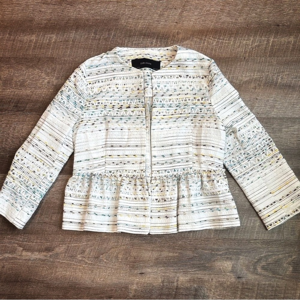 Zara White and Blue Patterned Blazer Size L